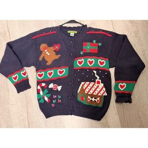 Vintage Navy 1990s gingerbread house holiday Christmas knit sweater cardigan lge